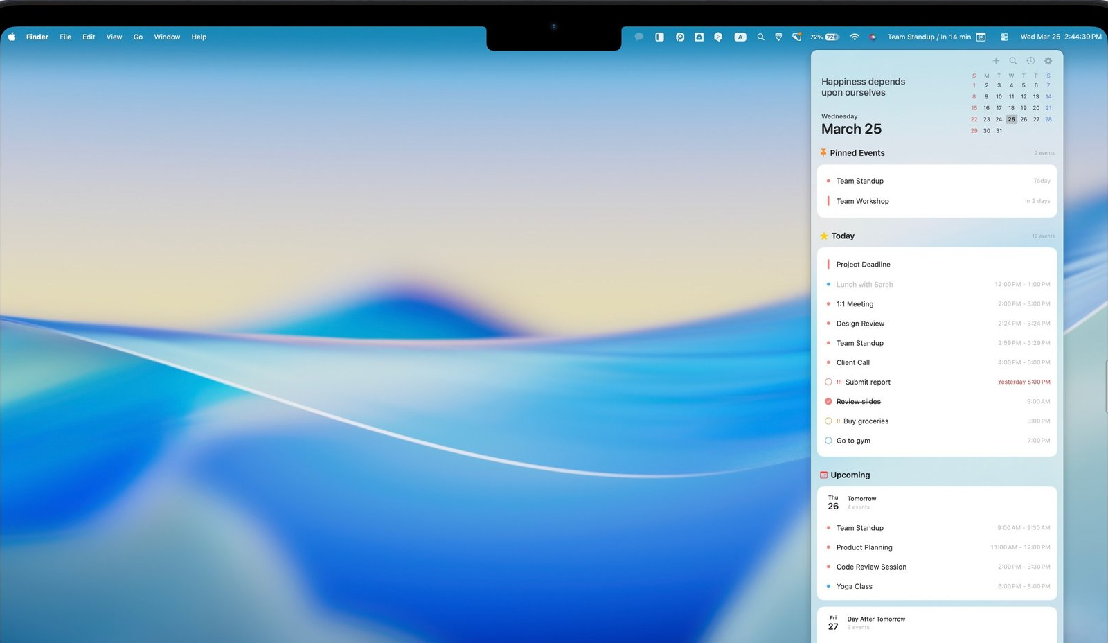 Peek in the Mac menu bar showing the next event and time remaining
