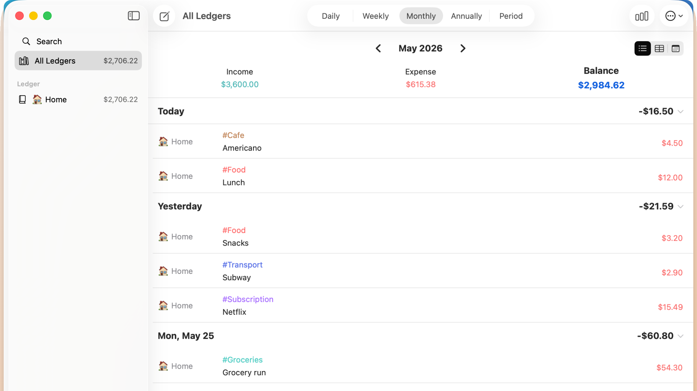 Spendy for Mac, with daily and tag totals in one window